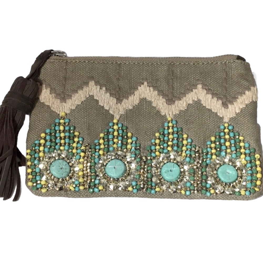 Gap beaded handmade turquoise clutch wristlet with tassel.